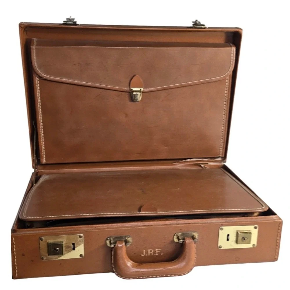 Vintage Tan Faux Leather Briefcase Monogrammed JRF with Drafting Supplies Kit‎